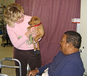volunteer with puppy and resident